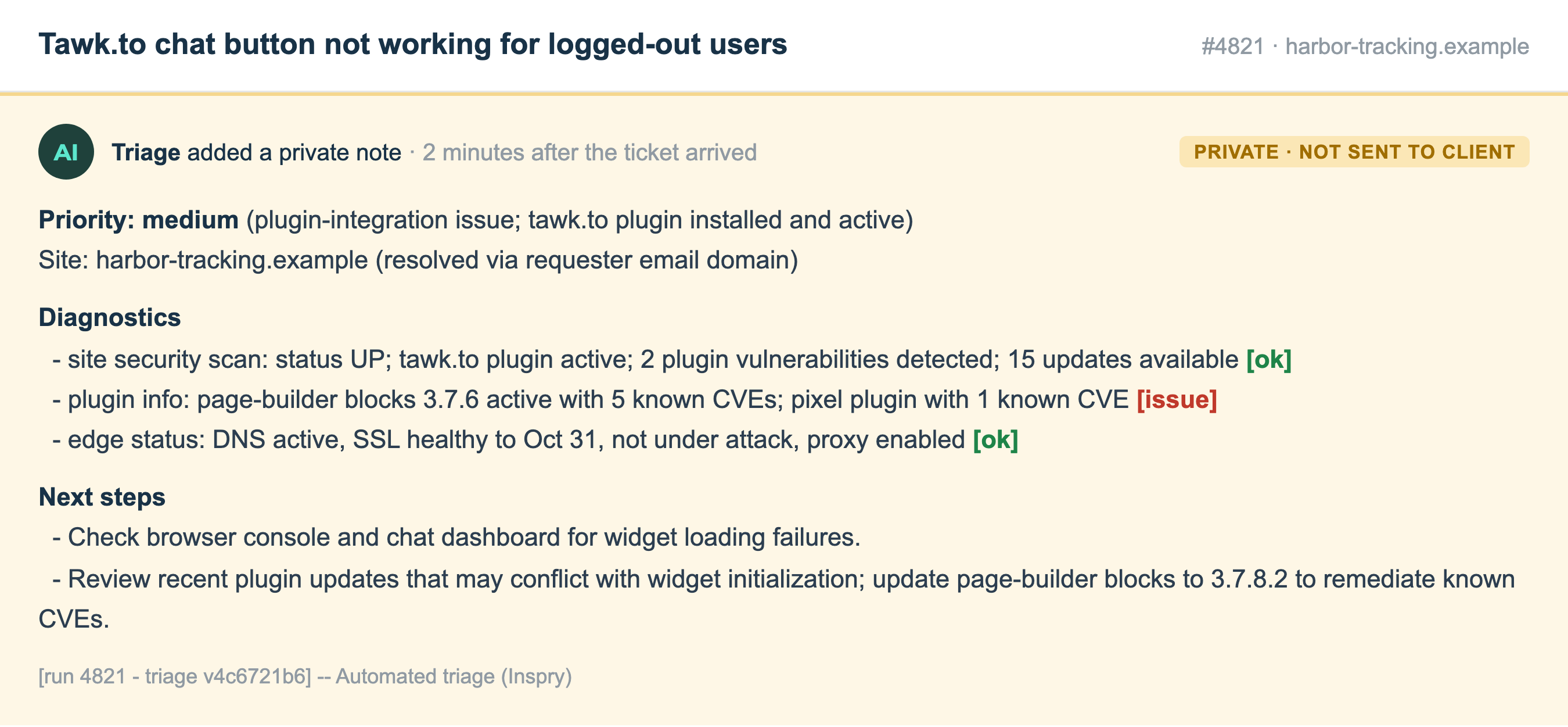 A private automated triage note on a support ticket with diagnostics and next steps